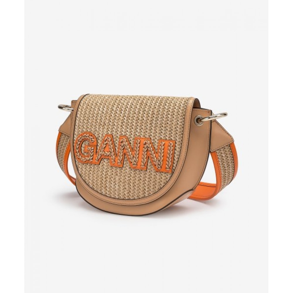 GANNI 女性用バナーサドルラフィアクロスバッグ-ベージュ/A4737895