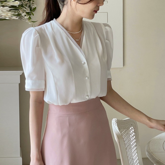 ブラウス レディース 半袖 Vネック 夏 パフ袖 オフィス お出かけ ブラウス レディース 半袖 Vネック 夏 パフ袖 オフィス お出かけ
