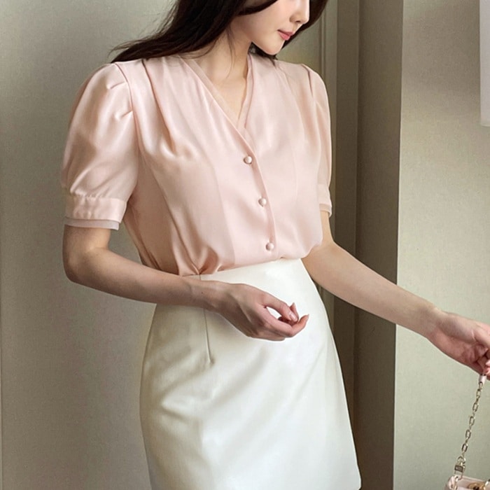 ブラウス レディース 半袖 Vネック 夏 パフ袖 オフィス お出かけ ブラウス レディース 半袖 Vネック 夏 パフ袖 オフィス お出かけ