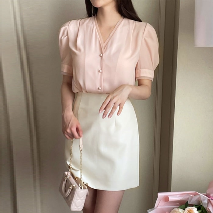 ブラウス レディース 半袖 Vネック 夏 パフ袖 オフィス お出かけ ブラウス レディース 半袖 Vネック 夏 パフ袖 オフィス お出かけ