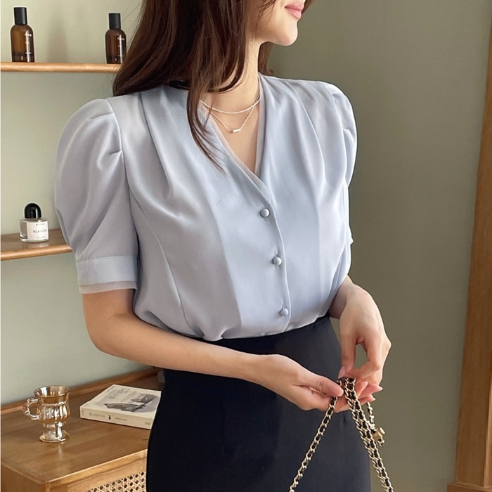 ブラウス レディース 半袖 Vネック 夏 パフ袖 オフィス お出かけ ブラウス レディース 半袖 Vネック 夏 パフ袖 オフィス お出かけ