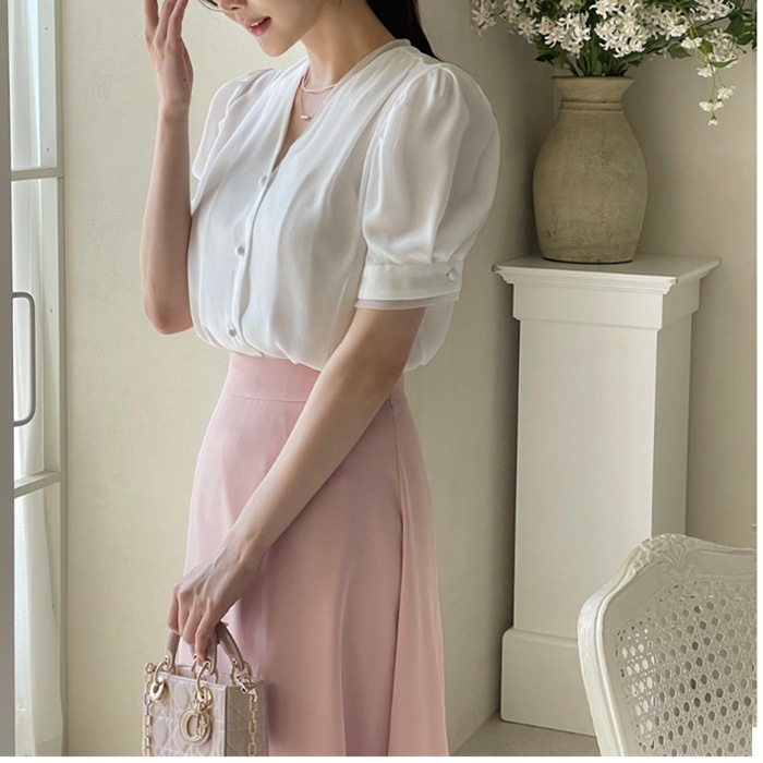 ブラウス レディース 半袖 Vネック 夏 パフ袖 オフィス お出かけ ブラウス レディース 半袖 Vネック 夏 パフ袖 オフィス お出かけ