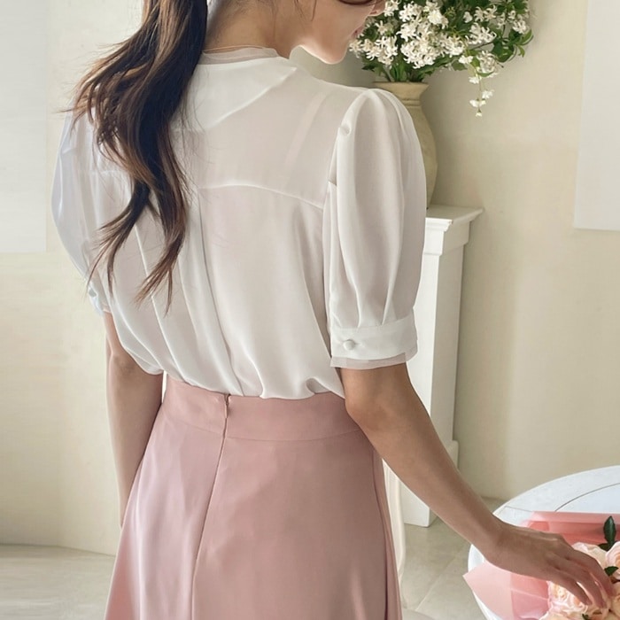 ブラウス レディース 半袖 Vネック 夏 パフ袖 オフィス お出かけ ブラウス レディース 半袖 Vネック 夏 パフ袖 オフィス お出かけ