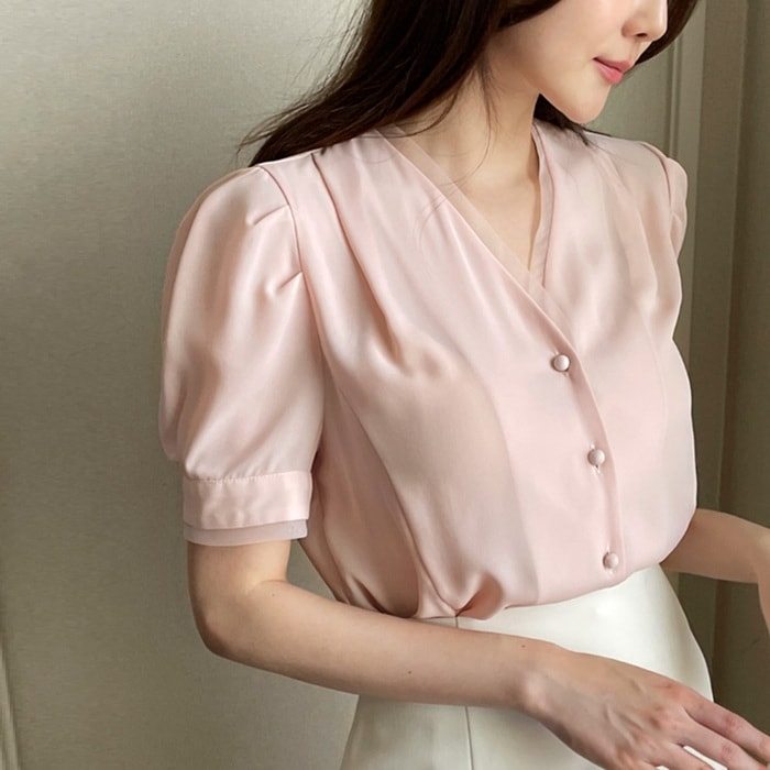 ブラウス レディース 半袖 Vネック 夏 パフ袖 オフィス お出かけ ブラウス レディース 半袖 Vネック 夏 パフ袖 オフィス お出かけ