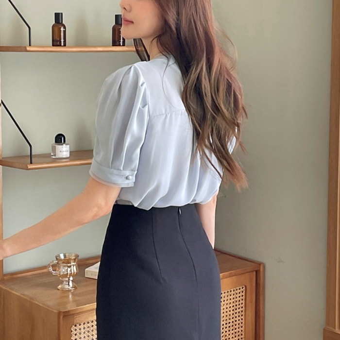 ブラウス レディース 半袖 Vネック 夏 パフ袖 オフィス お出かけ ブラウス レディース 半袖 Vネック 夏 パフ袖 オフィス お出かけ