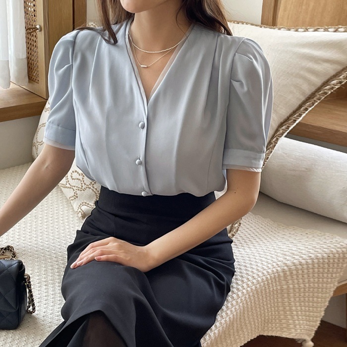 ブラウス レディース 半袖 Vネック 夏 パフ袖 オフィス お出かけ ブラウス レディース 半袖 Vネック 夏 パフ袖 オフィス お出かけ
