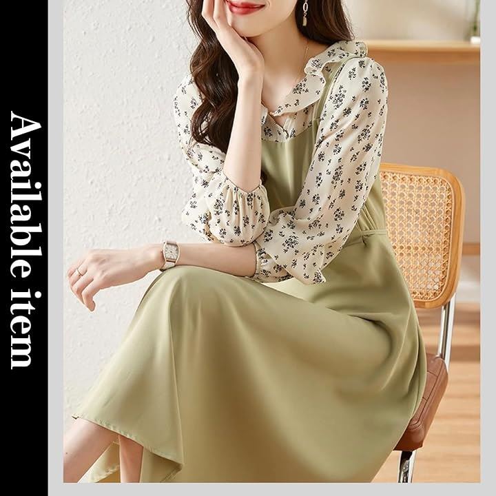 ワンピース 小花柄 ドッキング キャミソールワンピース 膝下 丈 長袖 春 秋 レディース( ブラック, XL) ワンピース 小花柄 ドッキング キャミソールワンピース 膝下 丈 長袖 春 秋 レディース( ブラック, XL)