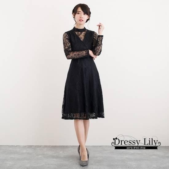 【2025新作SALE】パーティードレス ワンピース 20代 30代 40代 韓国 袖あり ロング 結婚式 レース ミモレ丈 ラウンドネック 長袖 二次会 フォーマル およばれ