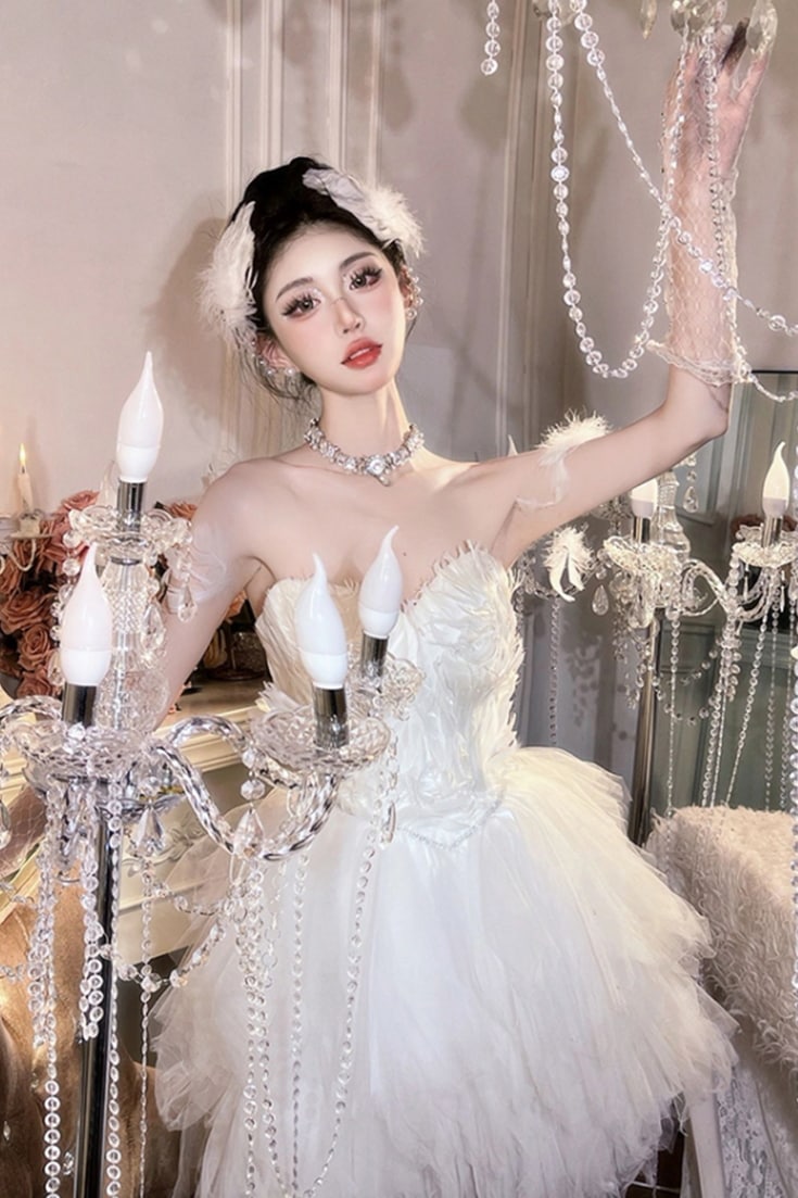 クリスマス ホワイト スワン ブトップ ドレス フェザー プリンセス パーティー パーティードレス クリスマス ホワイト スワン ブトップ ドレス フェザー プリンセス パーティー パーティードレス