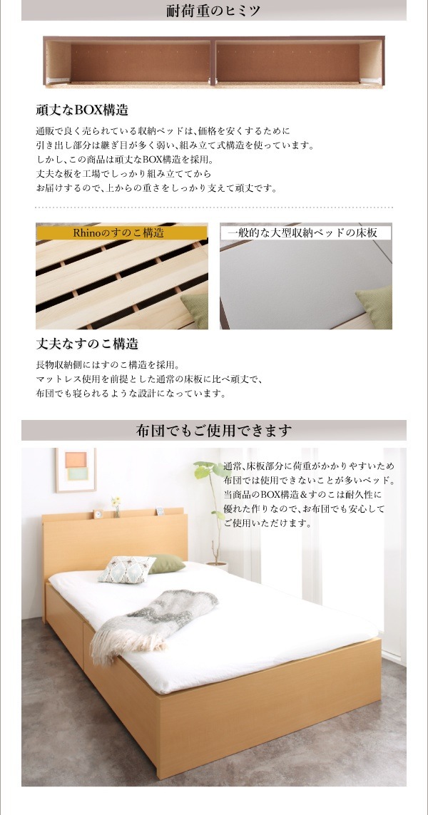 [組立設置付]棚/コンセント付き 国産 頑丈 2杯収納ベッド [ライノ] [ベッドフレームのみ/マットレスなし] ダブル [フレーム色]ナチュラル