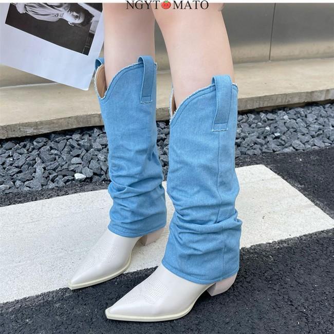 ロングブーツ レディース ウエスタンブーツ デニムブーツ おしゃれ ローヒール ポインテッドトゥ コーンヒール ホワイト 履きやすい 歩きやすい カコイイ