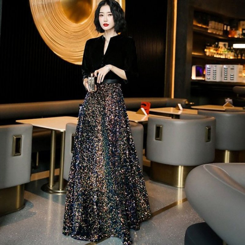 パーティードレス 結婚式 フォーマル ロング丈 袖あり キラキラ 大きいサイズ マキシ丈ワンピース
