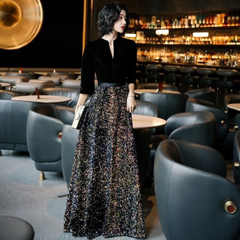 パーティードレス 結婚式 フォーマル ロング丈 袖あり キラキラ 大きいサイズ マキシ丈ワンピース