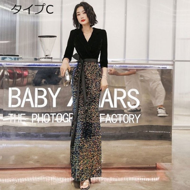 パーティードレス 結婚式 フォーマル ロング丈 袖あり キラキラ 大きいサイズ マキシ丈ワンピース