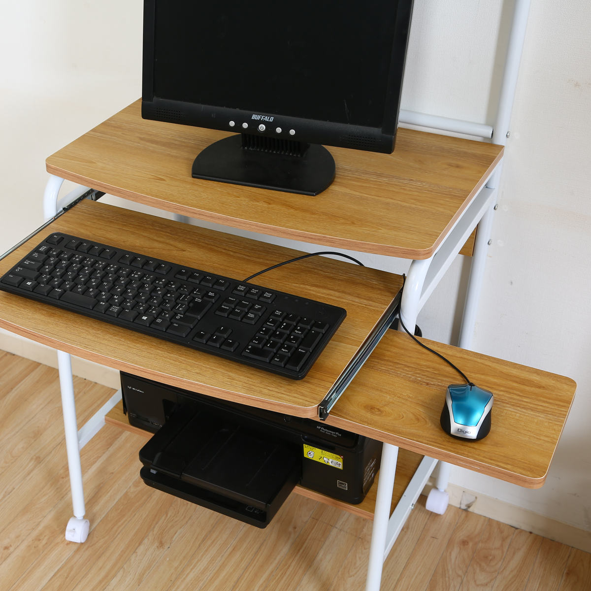 パソコンデスク 収納付 シンプルPCデスク フィット プリンター収納 棚 マウストレー キーボードテーブル キャスター付き コンパクト ワークデスク パソコン PC 省スペース 木目調 天板 パソコンデスク 収納付 シンプルPCデスク フィット プリンター収納 棚 マウストレー キーボードテーブル キャスター付き コンパクト ワークデスク パソコン PC 省スペース 木目調 天板