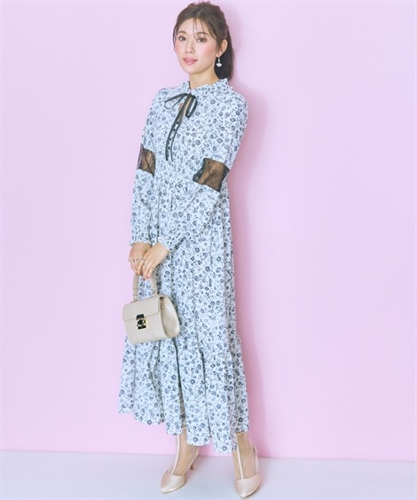 ロング・マキシ丈/半袖 大きいサイズ ぼかしバラ柄レース切り替えワンピース marun ロング・マキシ丈/半袖 大きいサイズ ぼかしバラ柄レース切り替えワンピース marun