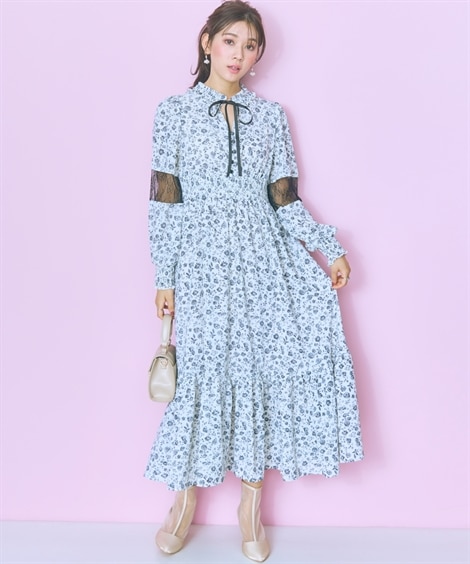 ロング・マキシ丈/半袖 大きいサイズ ぼかしバラ柄レース切り替えワンピース marun ロング・マキシ丈/半袖 大きいサイズ ぼかしバラ柄レース切り替えワンピース marun