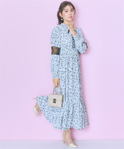 ロング・マキシ丈/半袖 大きいサイズ ぼかしバラ柄レース切り替えワンピース marun ロング・マキシ丈/半袖 大きいサイズ ぼかしバラ柄レース切り替えワンピース marun