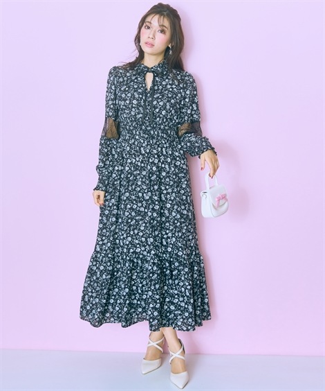 ロング・マキシ丈/半袖 大きいサイズ ぼかしバラ柄レース切り替えワンピース marun ロング・マキシ丈/半袖 大きいサイズ ぼかしバラ柄レース切り替えワンピース marun