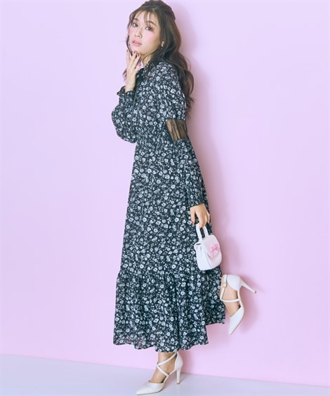 ロング・マキシ丈/半袖 大きいサイズ ぼかしバラ柄レース切り替えワンピース marun ロング・マキシ丈/半袖 大きいサイズ ぼかしバラ柄レース切り替えワンピース marun