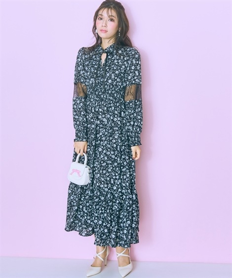 ロング・マキシ丈/半袖 大きいサイズ ぼかしバラ柄レース切り替えワンピース marun ロング・マキシ丈/半袖 大きいサイズ ぼかしバラ柄レース切り替えワンピース marun