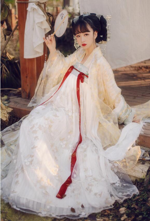 漢服＆唐装四点セット 超可愛い中華服　チャイナ服　華やか中国古代宮廷漢服　振り袖チャイナドレス　華流コスプレ衣装　貴妃皇后仮装コスチュム　白系　女性用　送料無料