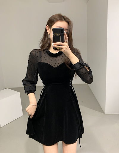Qoo10] ドットシースルーベルベットミニワンピース : レディース服