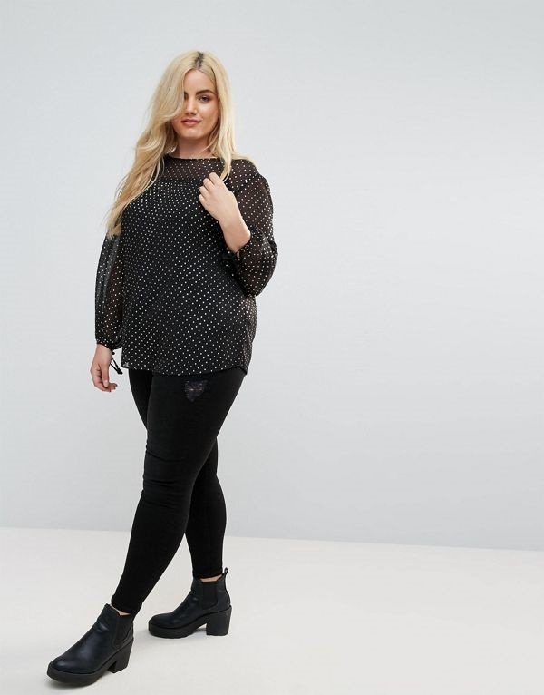 New Looks ニュールック レディース 大きめサイズ ゆったりサイズ 送料無料 Black pattern New Look Curve Metallic Spot Wide Sleeve T