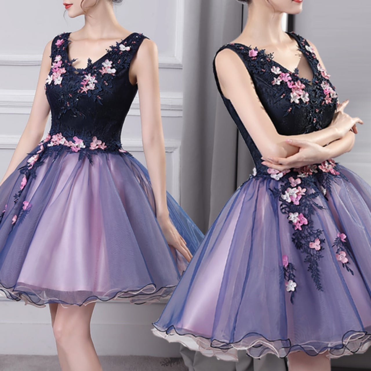 ワンピース ワンピドレス ミニ ミニ丈 袖なし ノースリーブ Vネック デザイン切替 ウエスト切替