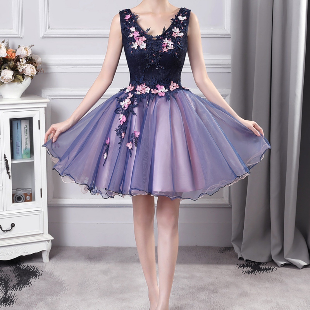 ワンピース ワンピドレス ミニ ミニ丈 袖なし ノースリーブ Vネック デザイン切替 ウエスト切替