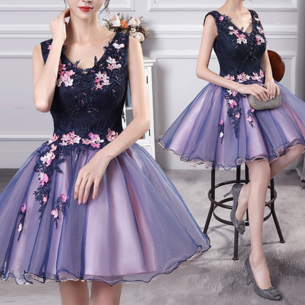 ワンピース ワンピドレス ミニ ミニ丈 袖なし ノースリーブ Vネック デザイン切替 ウエスト切替