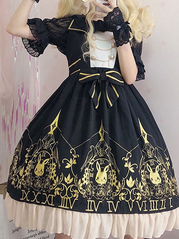 【全店任意2枚購入で100円OFF】甘いロリータJSKドレス時計バニーホットスタンピング弓黒ロリータジャンパースカート