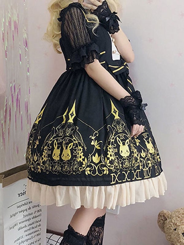 【全店任意2枚購入で100円OFF】甘いロリータJSKドレス時計バニーホットスタンピング弓黒ロリータジャンパースカート