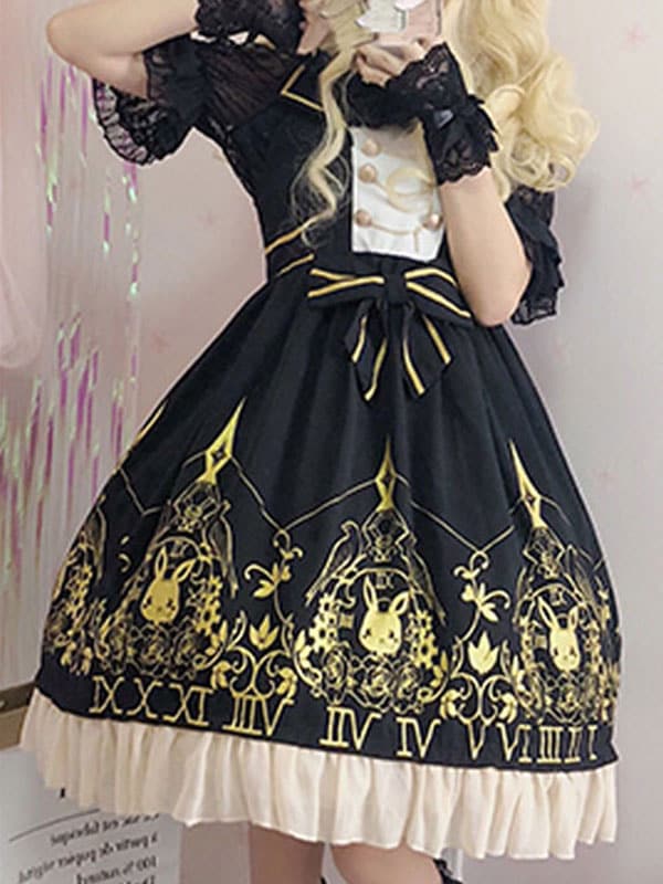 【全店任意2枚購入で100円OFF】甘いロリータJSKドレス時計バニーホットスタンピング弓黒ロリータジャンパースカート