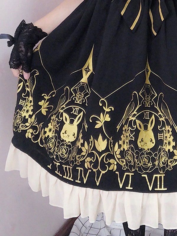 【全店任意2枚購入で100円OFF】甘いロリータJSKドレス時計バニーホットスタンピング弓黒ロリータジャンパースカート