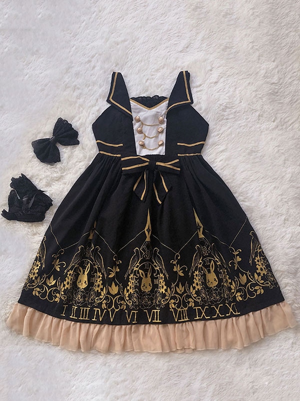 【全店任意2枚購入で100円OFF】甘いロリータJSKドレス時計バニーホットスタンピング弓黒ロリータジャンパースカート