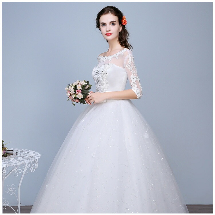 ウエディングドレス 7分袖 ステージドレス 結婚式 二次会 イブニングドレス 披露宴 海外挙式 編み上げタイプ バックレス 豪華ドレス プリンセスラインドレス 前撮りドレス フォーマルドレス 撮影 お