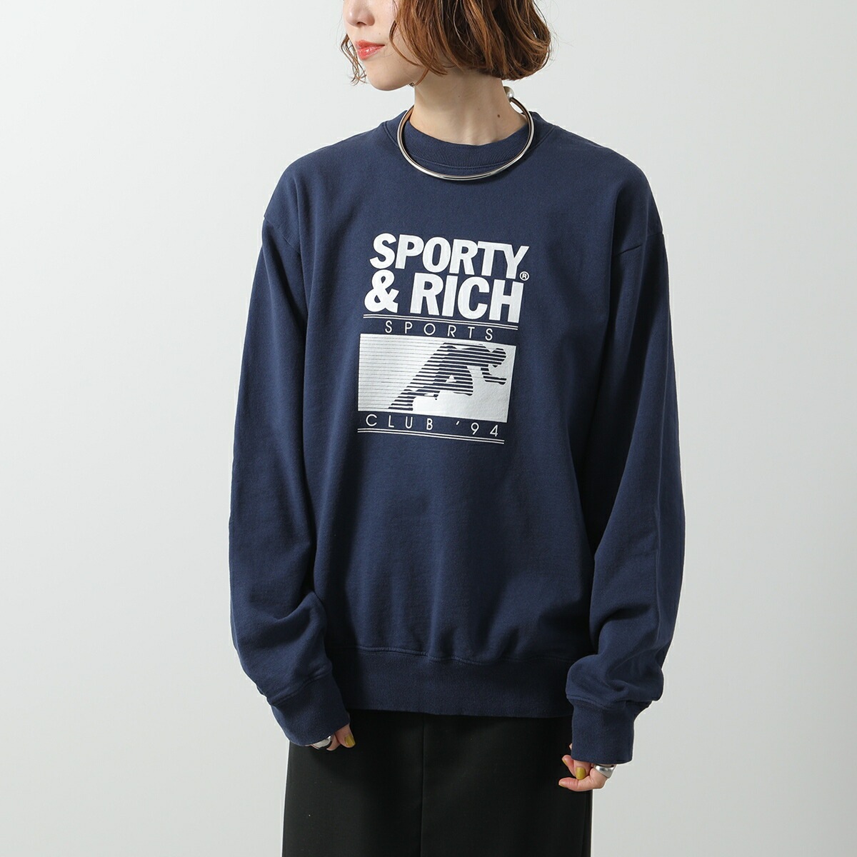 SPORTY＆RICH スポーティアンドリッチ トレーナー CR885 レディース スウェット 裏起毛 ロゴ クルーネック NAVY