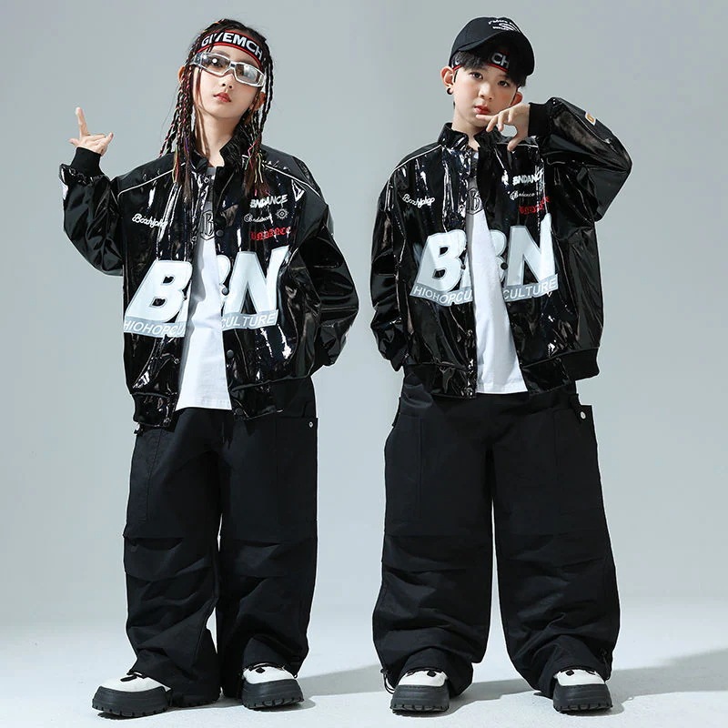 街舞児童潮服ヒップホップ機関車皮衣少女ジャズ男児セットhiphop童装爆街公演服