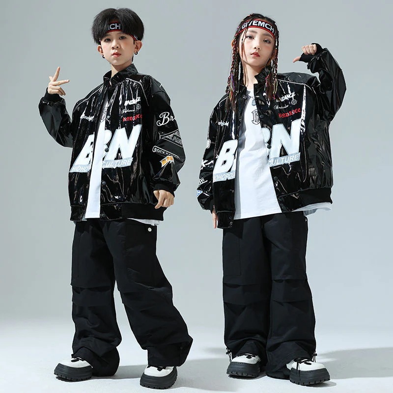 街舞児童潮服ヒップホップ機関車皮衣少女ジャズ男児セットhiphop童装爆街公演服