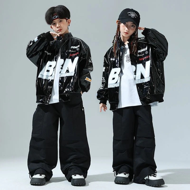 街舞児童潮服ヒップホップ機関車皮衣少女ジャズ男児セットhiphop童装爆街公演服
