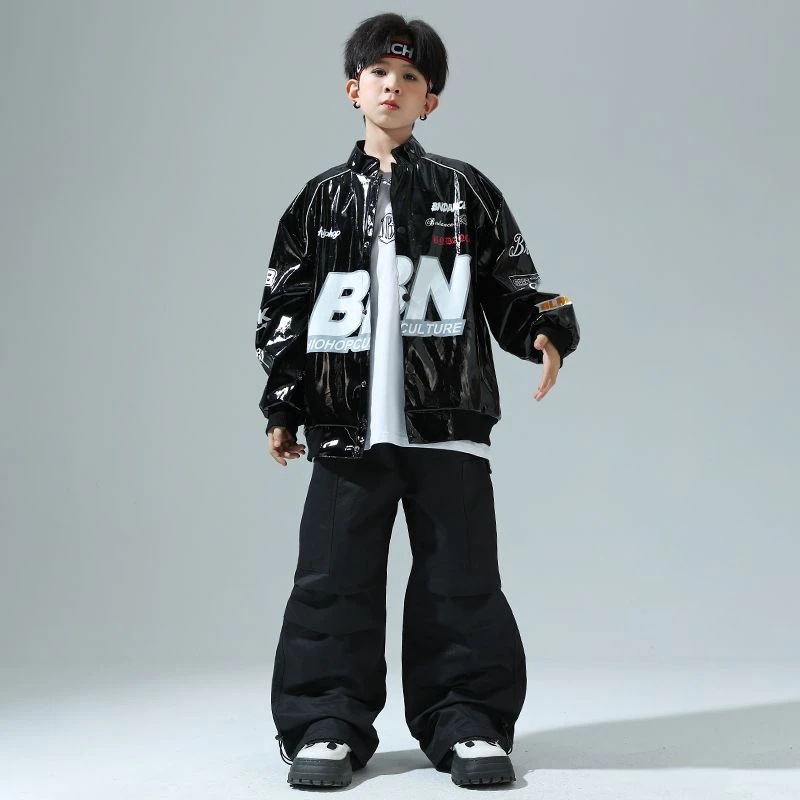 街舞児童潮服ヒップホップ機関車皮衣少女ジャズ男児セットhiphop童装爆街公演服