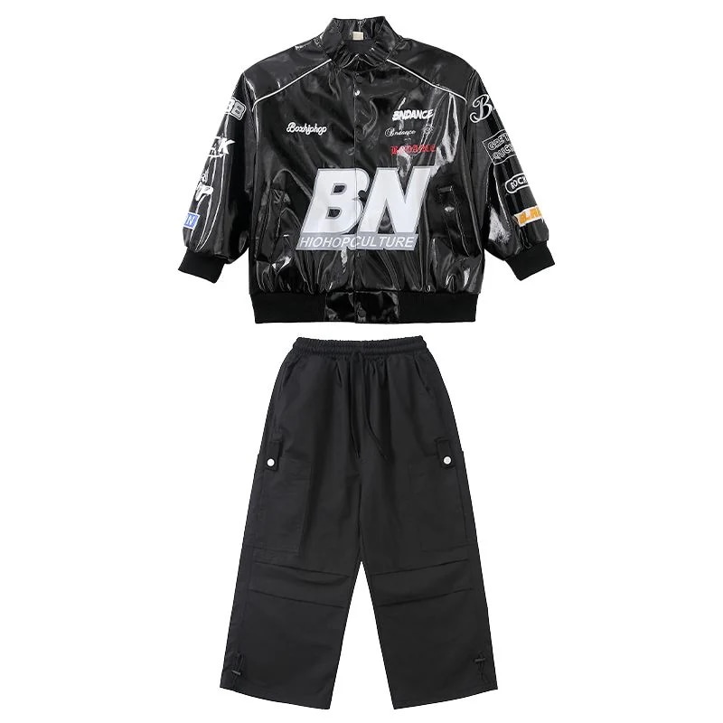 街舞児童潮服ヒップホップ機関車皮衣少女ジャズ男児セットhiphop童装爆街公演服
