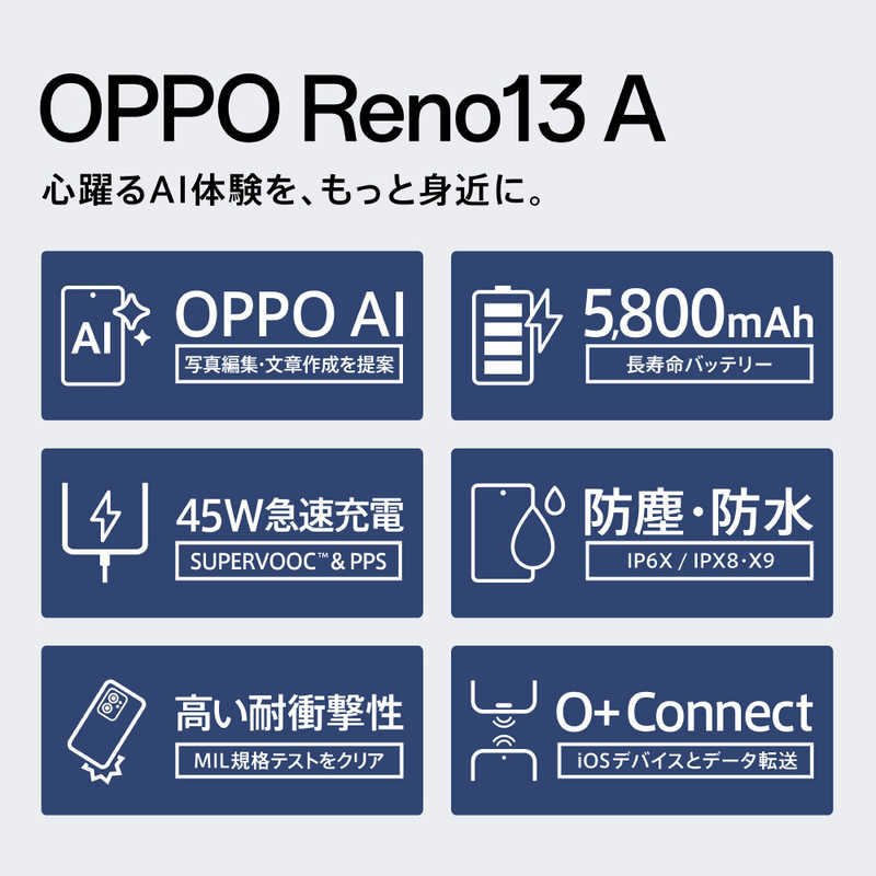 OPPO Reno13 A 限定BOX SIMフリースマートフォン 6.7インチ メモリ/ストレージ:8GB/128GB アイスブルー CPH2699ETEK1IB OPPO Reno13 A 限定BOX SIMフリースマートフォン 6.7インチ メモリ/ストレージ:8GB/128GB アイスブルー CPH2699ETEK1IB