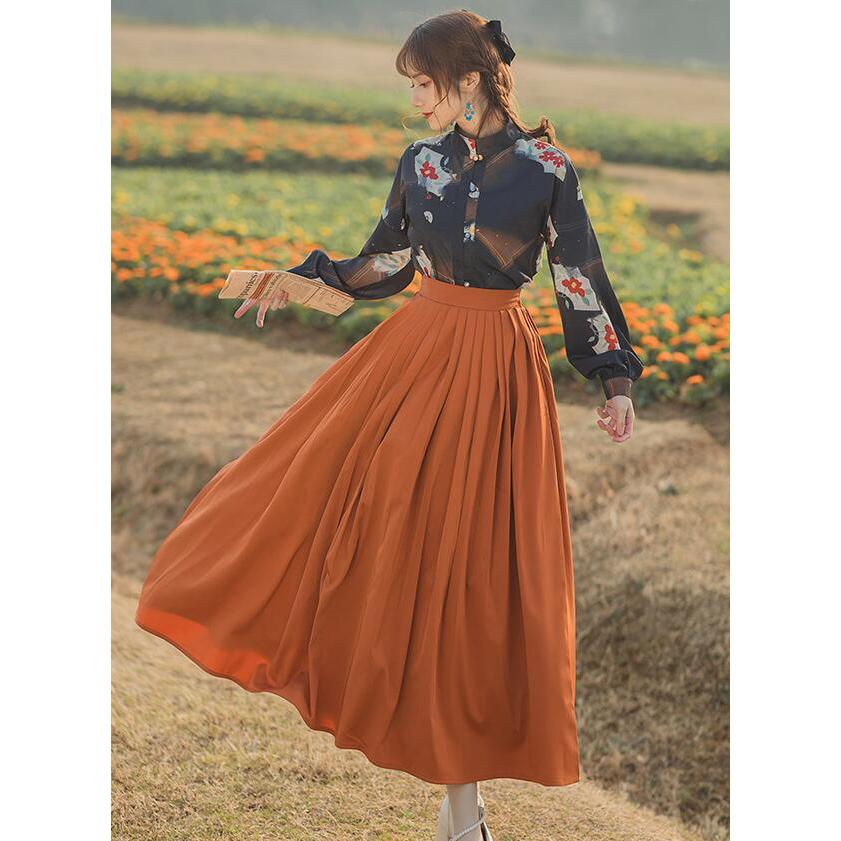 中華風 ブラウス+ロングスカート 2点セット 長袖 立ち襟 エスニック花柄シャツ ロング丈 フレア プリーツ スカート レトロ チャイナ風 衣装 改良 漢服衣装 春シとても安い 中華風 ブラウス+ロングスカート 2点セット 長袖 立ち襟 エスニック花柄シャツ ロング丈 フレア プリーツ スカート レトロ チャイナ風 衣装 改良 漢服衣装 春シとても安い