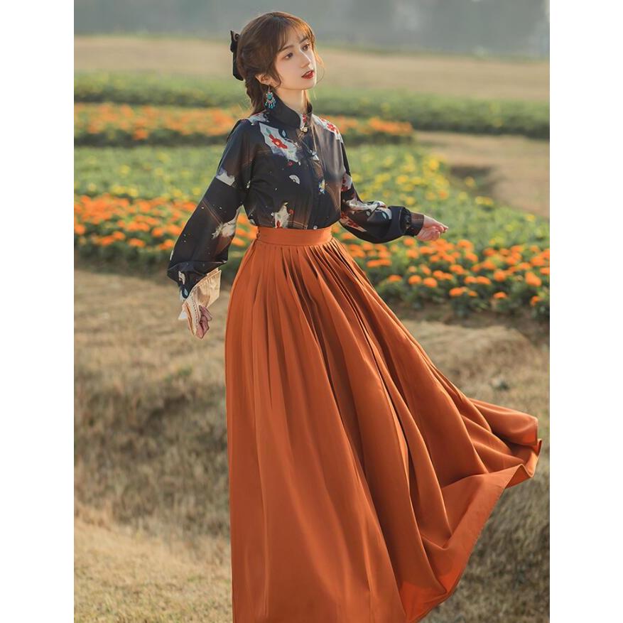 中華風 ブラウス+ロングスカート 2点セット 長袖 立ち襟 エスニック花柄シャツ ロング丈 フレア プリーツ スカート レトロ チャイナ風 衣装 改良 漢服衣装 春シとても安い 中華風 ブラウス+ロングスカート 2点セット 長袖 立ち襟 エスニック花柄シャツ ロング丈 フレア プリーツ スカート レトロ チャイナ風 衣装 改良 漢服衣装 春シとても安い