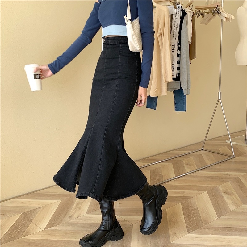 ラージサイズファットシスターmmデニムスカートレディースフィッシュテールスカートハイウエストフリ
