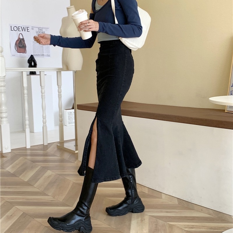 ラージサイズファットシスターmmデニムスカートレディースフィッシュテールスカートハイウエストフリ