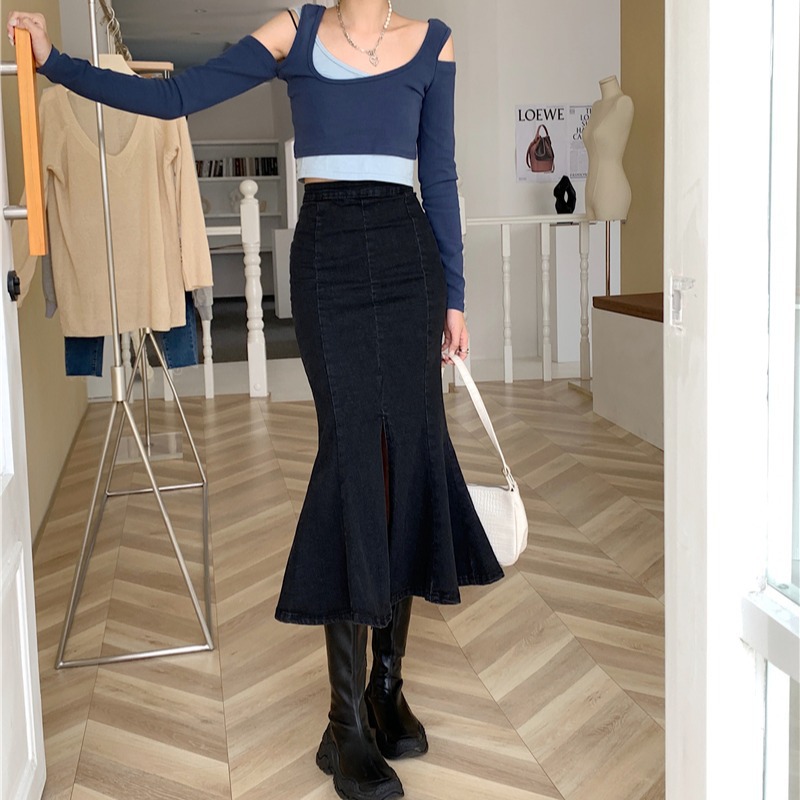 ラージサイズファットシスターmmデニムスカートレディースフィッシュテールスカートハイウエストフリ