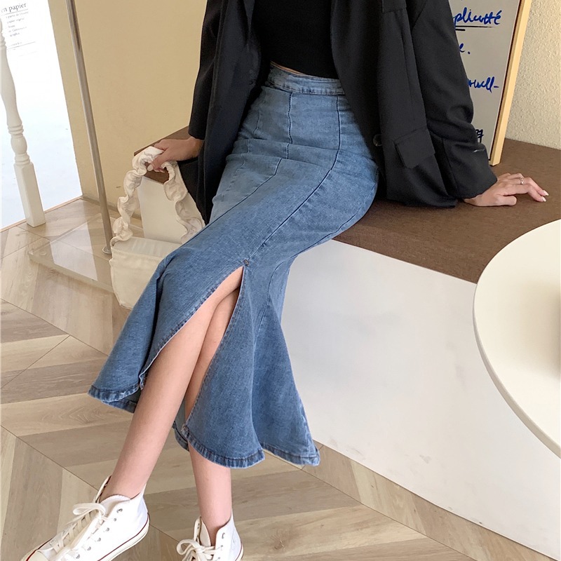 ラージサイズファットシスターmmデニムスカートレディースフィッシュテールスカートハイウエストフリ
